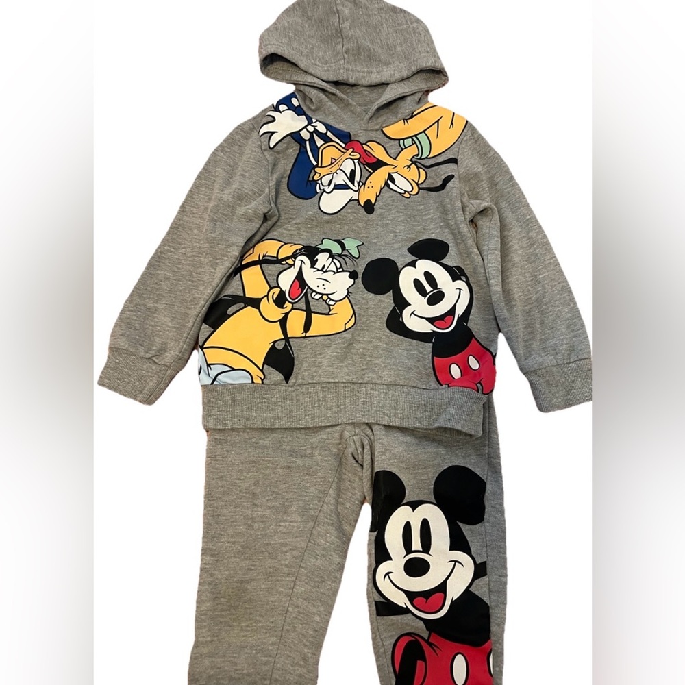 Disney Gray Hoodie & Jogger Set with Mickey, Goofy & Pluto Prints